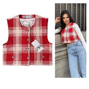 ZARA Textured Weave Plaid Vest With Jeweled Button Size Medium Tweed
